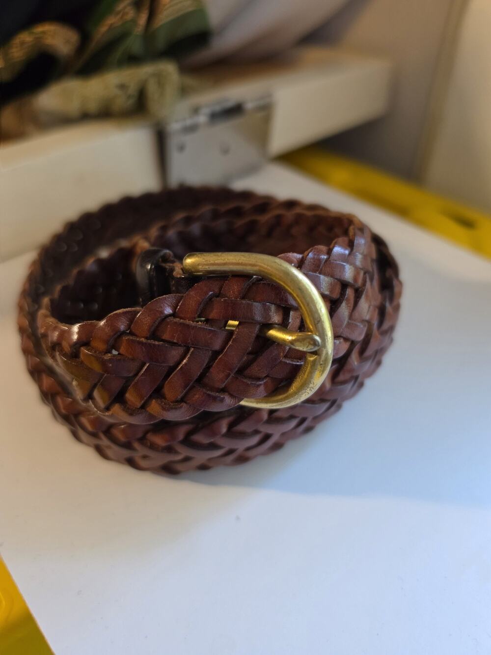 Vintage Braided Rich Brown Leather Belt Solid Brass Buckle SZ 36 EUC